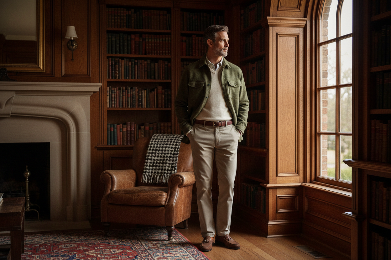 Ultra-realistic brand lifestyle photo for a menswear product page, representing a refined American fashion label rooted in old money aesthetics. One men aged 35–60 wear the brand’s timeless essentials in muted ivy green, olive, and warm stone tones that reflect the store’s main color palette. The styling is consistent, intentional, and recognizable as a cohesive collection rather than a single outfit. Soft natural daylight, balanced composition, no AI look, no editorial fashion mood. Confident, estab